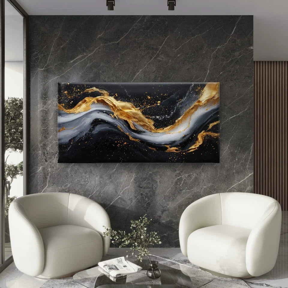 Painting Gold Black Swirl Wall Art Canvas Office Home Room Framed 80x45cm