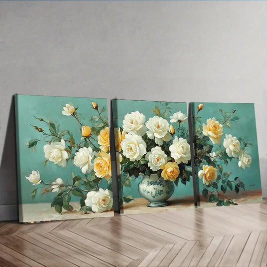 3pcs White Roses in Vase Painting Floral Color Wall Art Set Canvas Framed 40x60cm - High Quality Print 100% Australian Made Wall Canvas Ready to Hang