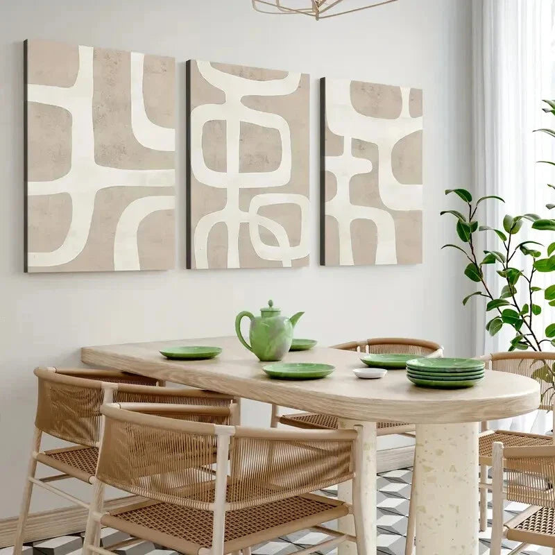 3pcs Abstract Geometric Beige Brown White Line Wall Art Set Canvas Framed 40x60cm - High Quality Print 100% Australian Made Wall Canvas Ready to Hang