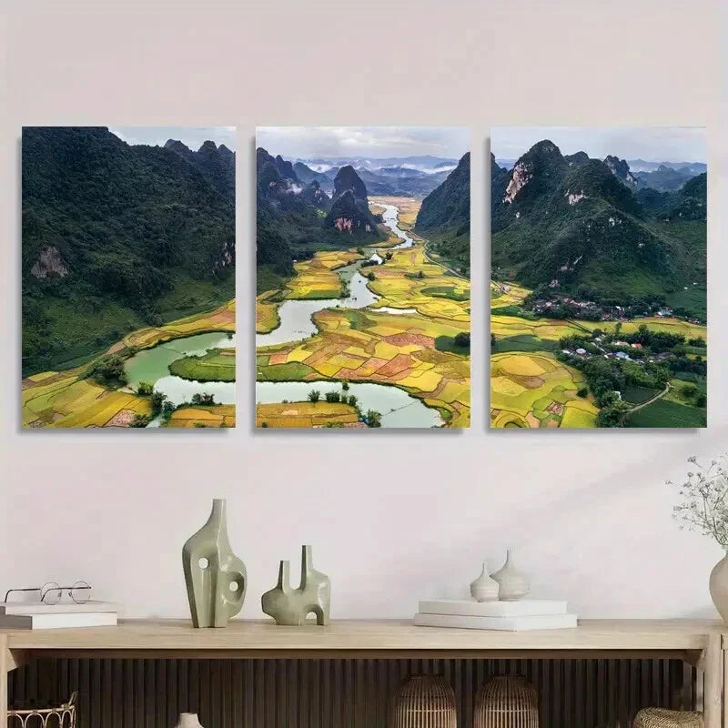 3pcs Serene Landscape of Mountain and Rice Fields Metal Print Ready to Hang Art