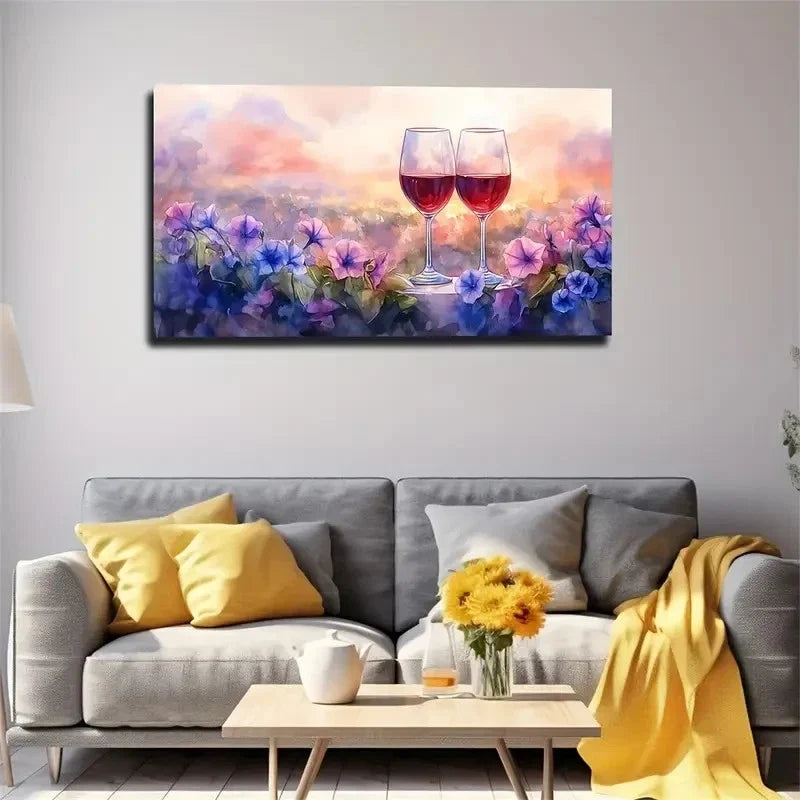 Vibrant Sunset Sky Wine Glasses Wcall Art Canvas Office Home Room Framed 120x60cm
