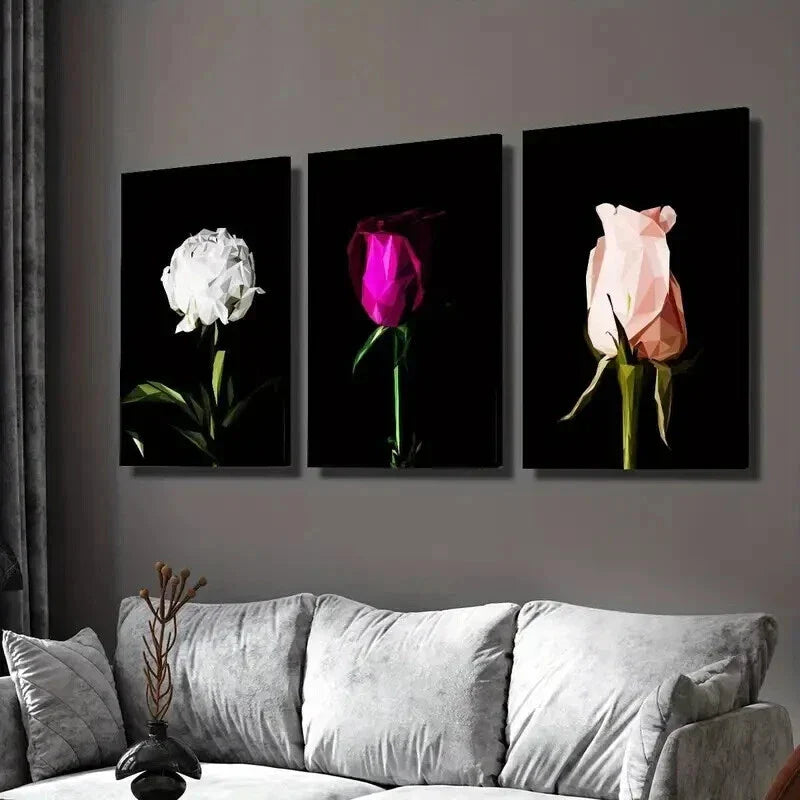 3pcs White Rose Purple Rose Pink Rose Botanical Wall Art Set Canvas Framed 40x60cm - High Quality Print 100% Australian Made Wall Canvas Ready to Hang