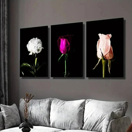 3pcs White Rose Purple Rose Pink Rose Botanical Wall Art Set Canvas Framed 40x60cm - High Quality Print 100% Australian Made Wall Canvas Ready to Hang