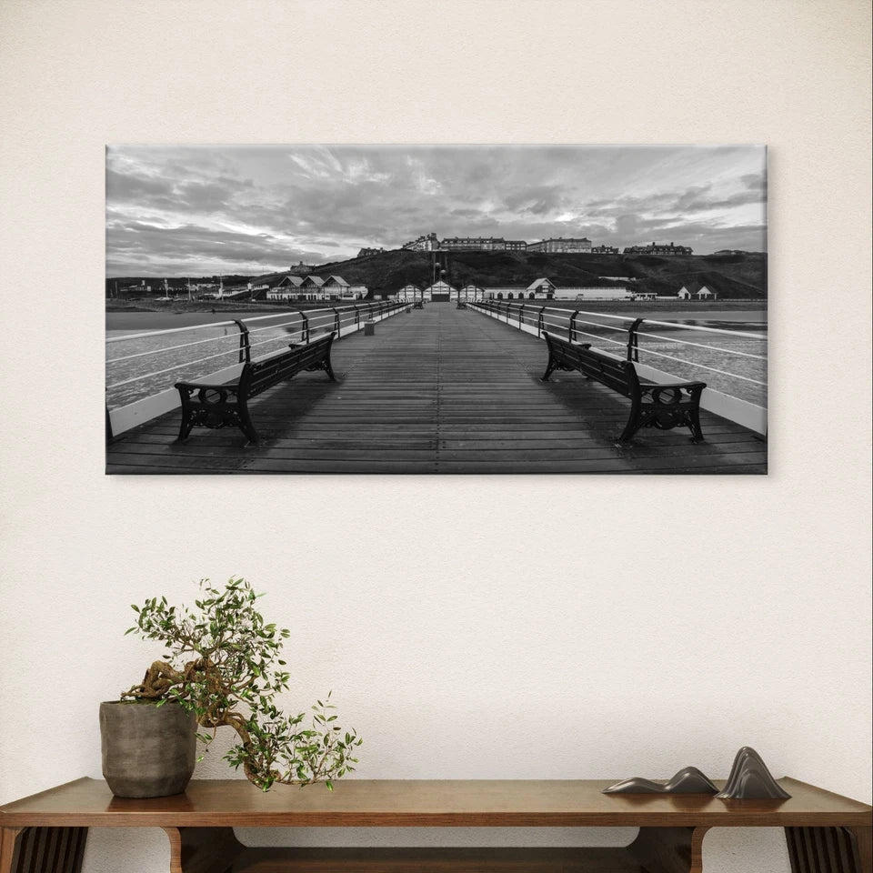 Black and White Coastal Pier At Sea Wall Art Canvas Office Home Framed 80x45cm