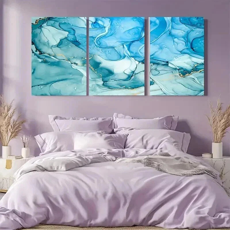 3pcs Abstract Teal Blue with Golden Veins Wall Art Set Canvas Framed 40x60cm - High Quality Print 100% Australian Made Wall Canvas Ready to Hang