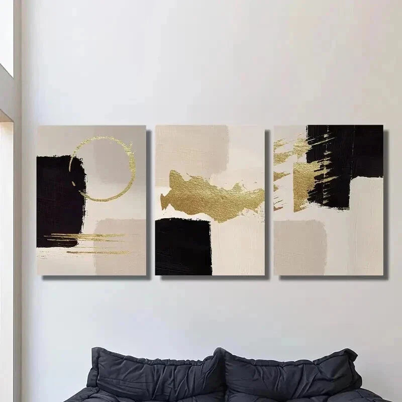 3pcs Golden Black Geometric Painting Wall Art Set Canvas Framed 40x60cm - High Quality Print 100% Australian Made Wall Canvas Ready to Hang