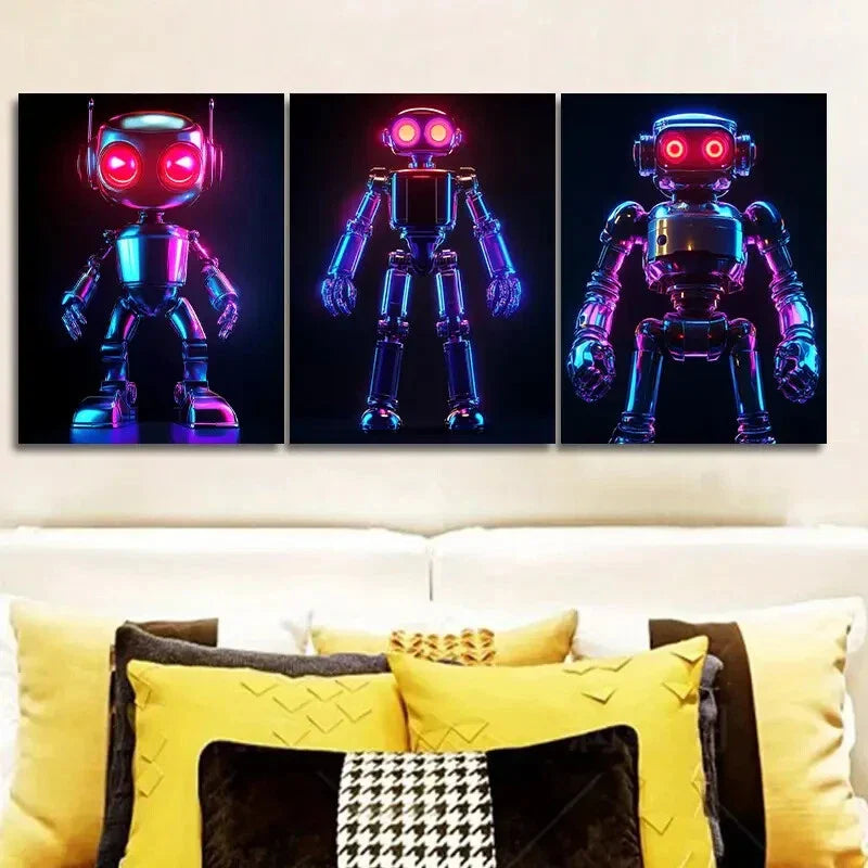 3pcs Modern Neon Robot Design Metal Print Ready to Hang Art