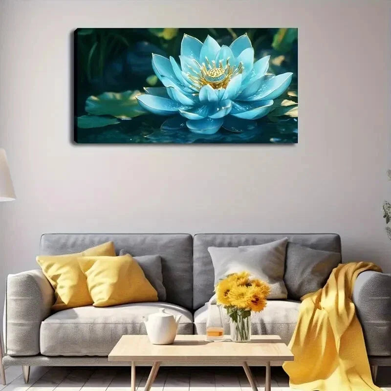 Elegant Blue for Lotus Flower Wall Art Canvas Office Home Room Framed 80x45cm
