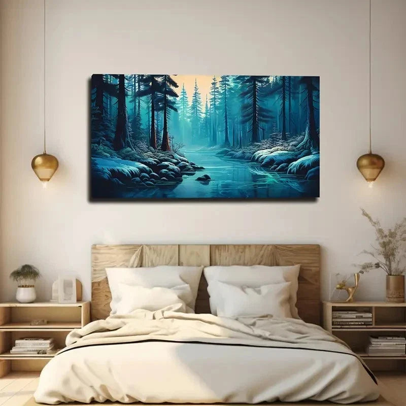 Winter Forest Stream Wall Art Canvas Office Home Room Framed 120x60cm