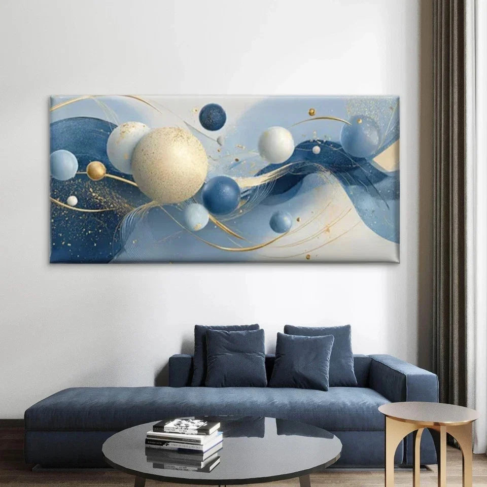 Blue White Golden Beige Wall Art Canvas Office Home Room Framed 120x60cm