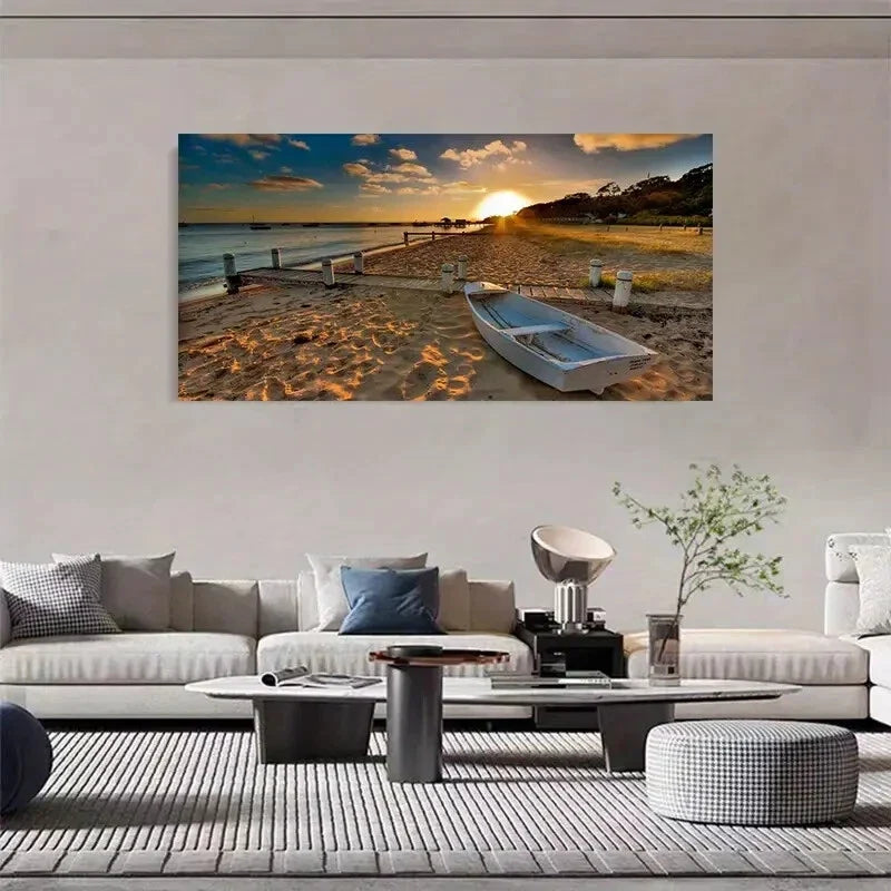 Sunrise Seascape Fishing Boat Wall Art Canvas Office Home Room Framed 80x45cm