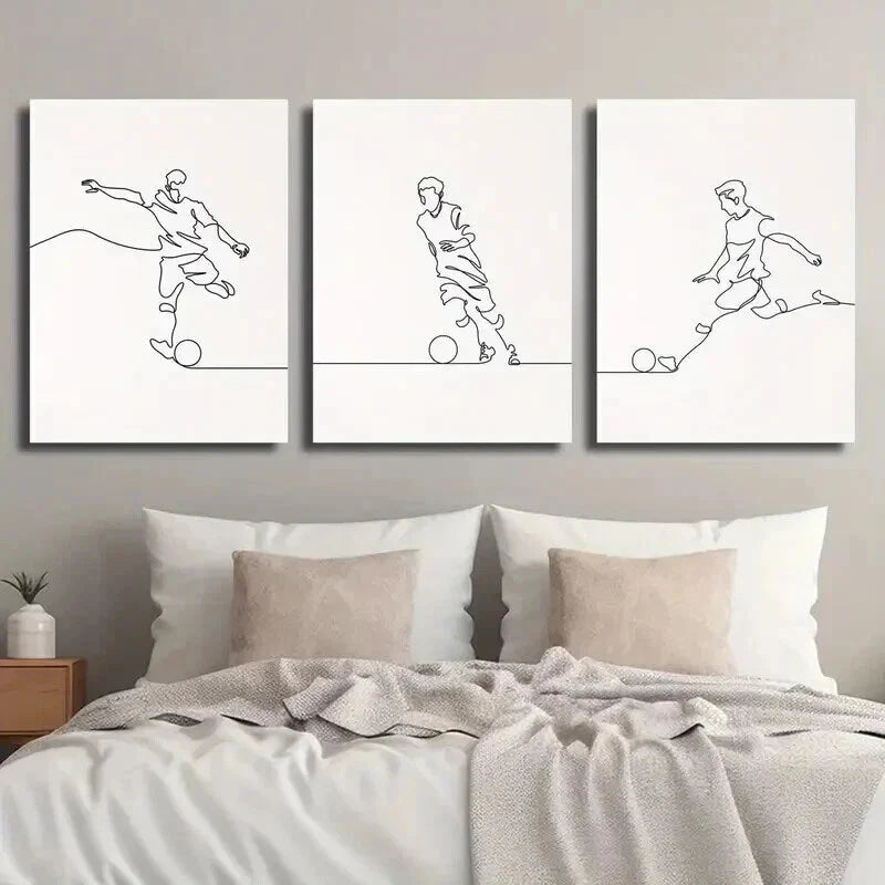3pcs Soccer Player Minimalist Line Decor Wall Art Set Canvas Framed 40x60cm - High Quality Print 100% Australian Made Wall Canvas Ready to Hang