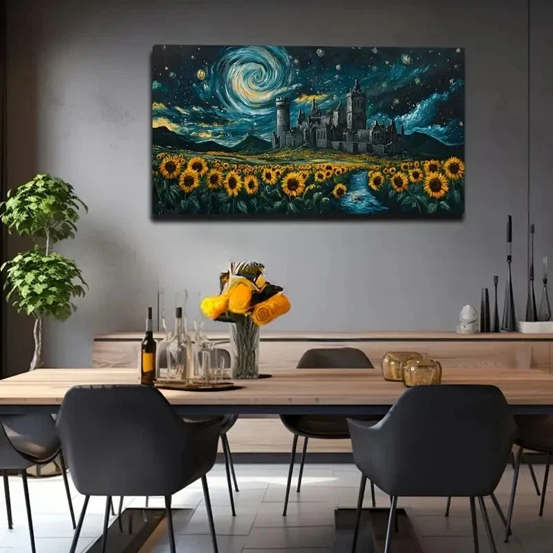 Starry Night Castle & Sunflower Wall Art Canvas Office Home Room Framed 120x60cm