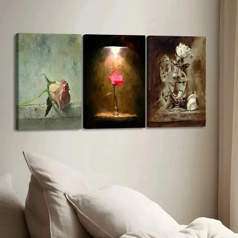 3pcs Vintage Oil Paint Style Roses Leopard Lion Wall Art Set Canvas Framed 40x60cm - High Quality Print 100% Australian Made Wall Canvas Ready to Hang