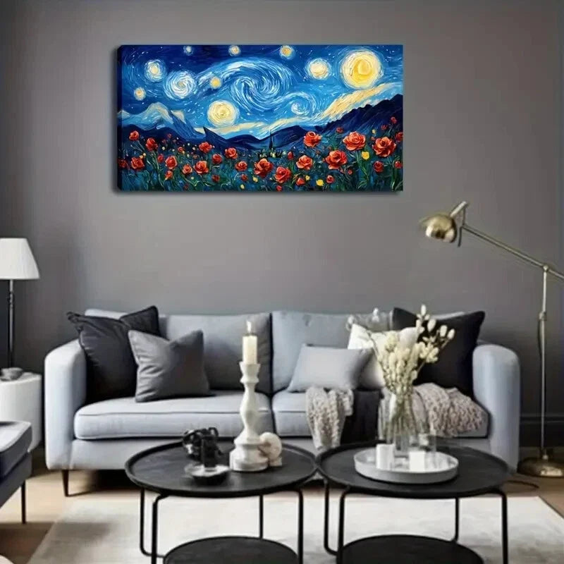 Blue and Yellow Starry Night Wall Art Canvas Office Home Room Framed 80x45cm