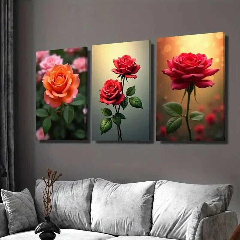 3pcs Vibrant Pink, Orange & Red Roses Green Wall Art Set Canvas Framed 40x60cm - High Quality Print 100% Australian Made Wall Canvas Ready to Hang