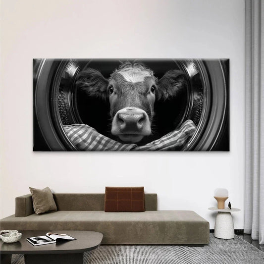 Black and White Cow in Laundry Wall Art Canvas Office Home Room Framed 120x60cm