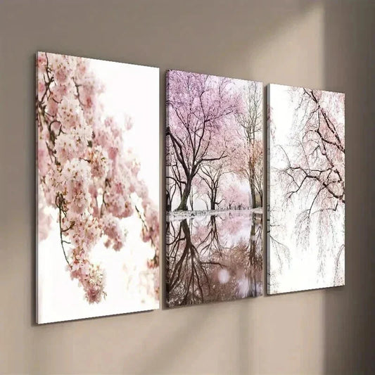 3pcs Sakura Tree Flower Reflection on Water Wall Art Set Canvas Framed 40x60cm - High Quality Print 100% Australian Made Wall Canvas Ready to Hang