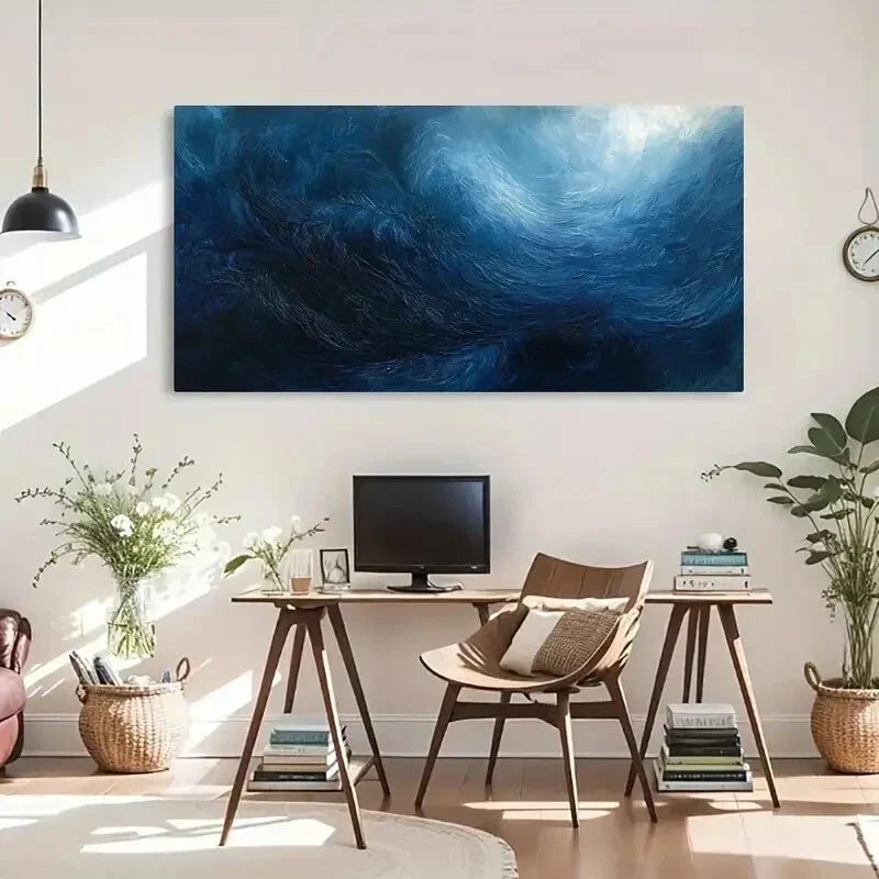 Blue Waves Dynamic Décor Dark Wall Art Canvas Office Home Room Framed 120x60cm