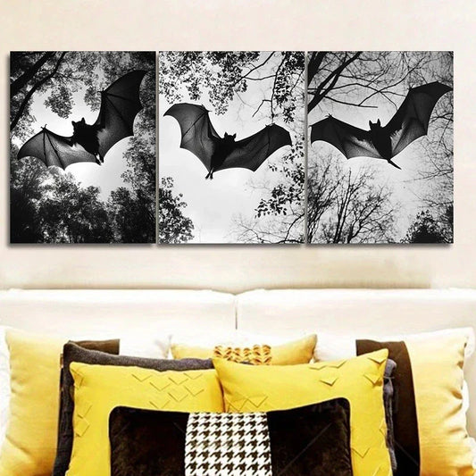 3pcs Black Bats Flying Trees Black & White Themed Metal Print Ready to Hang Art