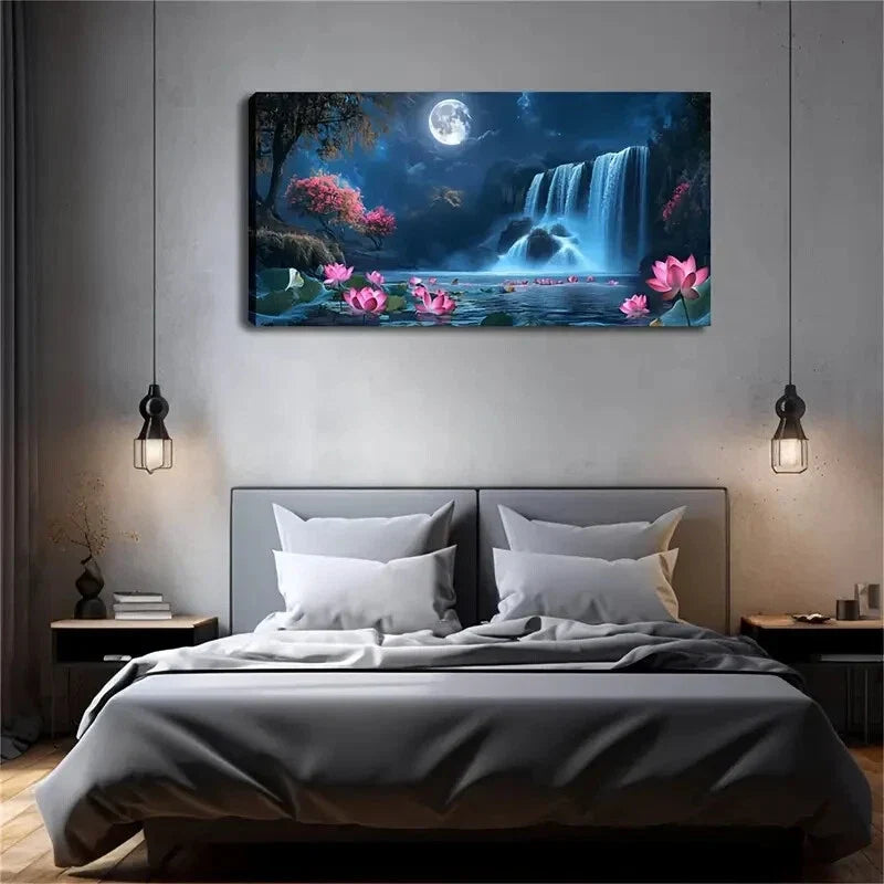Minimalist Night Sky Waterfall Art Canvas Office Home Room Framed 80x45cm