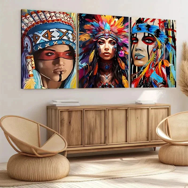 3pcs Aboriginal Chief Portrait Beauty Elegant Wall Art Set Canvas Framed 40x60cm - High Quality Print 100% Australian Made Wall Canvas Ready to Hang