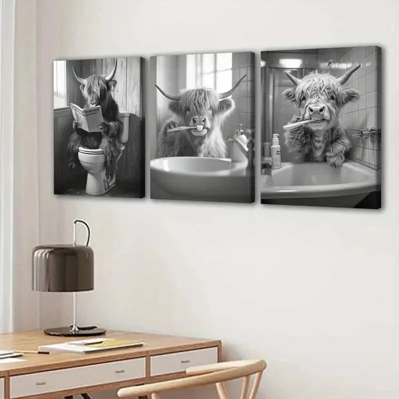 3pcs Highland Cows Bath Yaks, Gray White Buffalo Wall Art Set Canvas Framed 40x60cm - High Quality Print 100% Australian Made Wall Canvas Ready to Hang