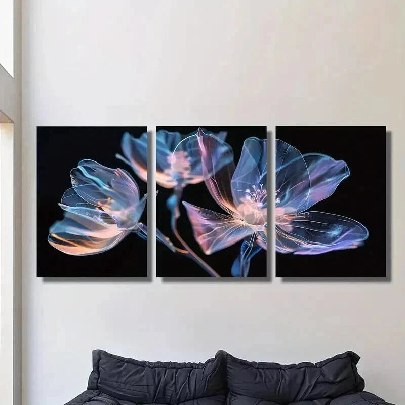 3pcs Vibrant Pink and Blue Crystal Flowers Wall Art Set Canvas Framed 40x60cm - High Quality Print 100% Australian Made Wall Canvas Ready to Hang