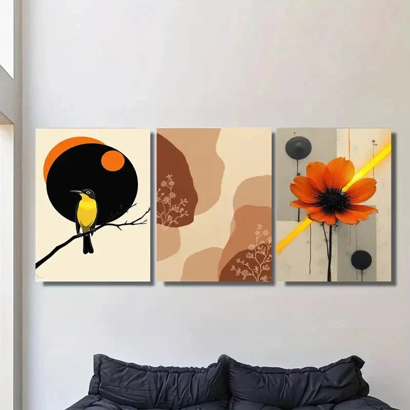 3pcs Modern Abstract Bird Vibrant Orange & Yellow Metal Print Ready to Hang Art