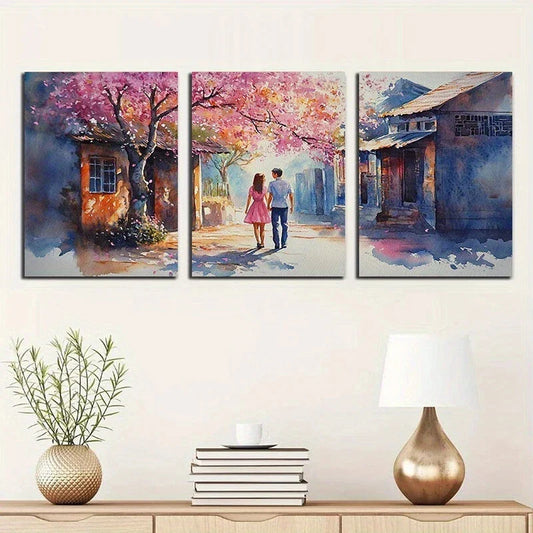 3pcs Couple Strolling Along The Flower Path Metal Print Ready to Hang Art