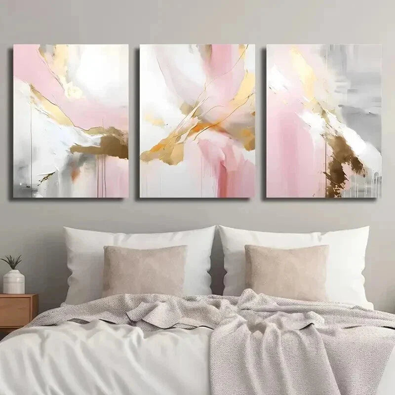 3pcs Abstract Blush Pink and Golden Decor Wall Art Set Canvas Framed 40x60cm - High Quality Print 100% Australian Made Wall Canvas Ready to Hang