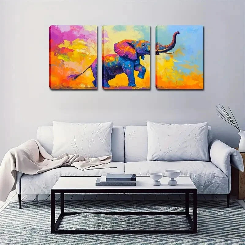 3pcs Vibrant Colorful Elephant Modern Wall Art Set Canvas Framed 40x60cm - High Quality Print 100% Australian Made Wall Canvas Ready to Hang
