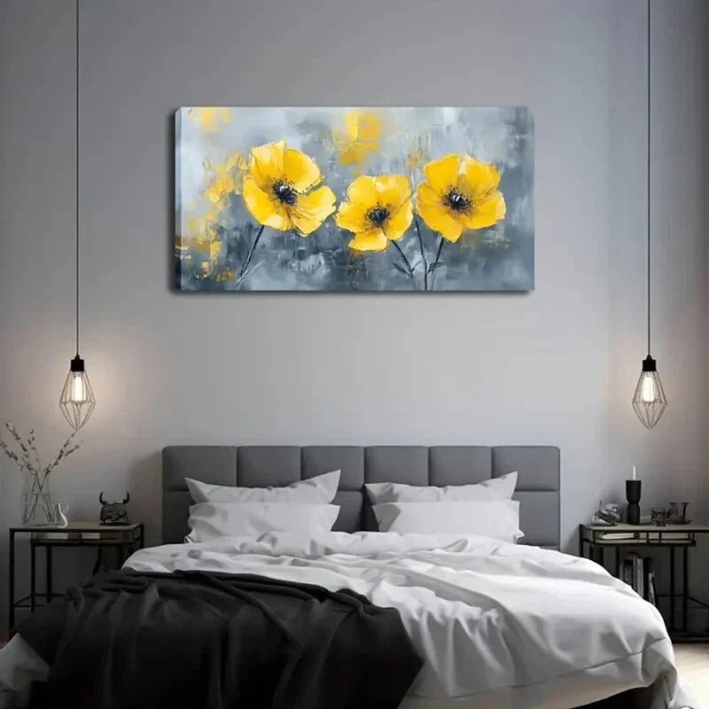 Vibrant Yellow Flowers Stems Wall Art Canvas Office Home Room Framed 120x60cm