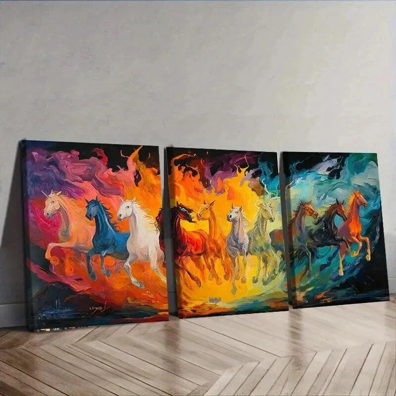 3pcs Horses Running in the Sky Colorful Perfect Wall Art Set Canvas Framed 40x60cm - High Quality Print 100% Australian Made Wall Canvas Ready to Hang