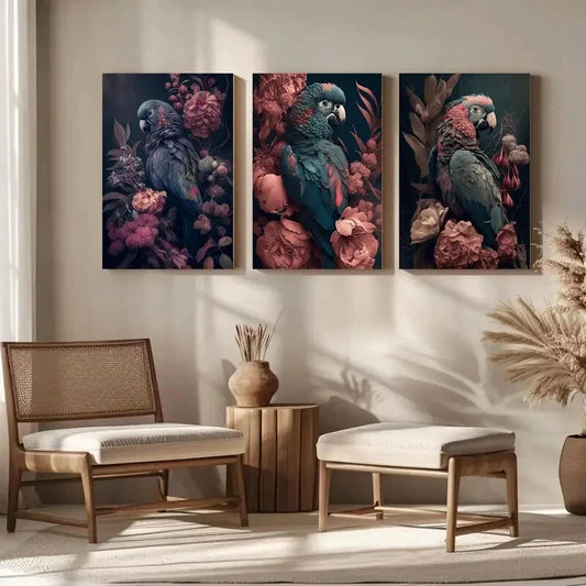 3pcs Vibrant Scarlet Macaw & Blue Parrot Metal Print Ready to Hang Art