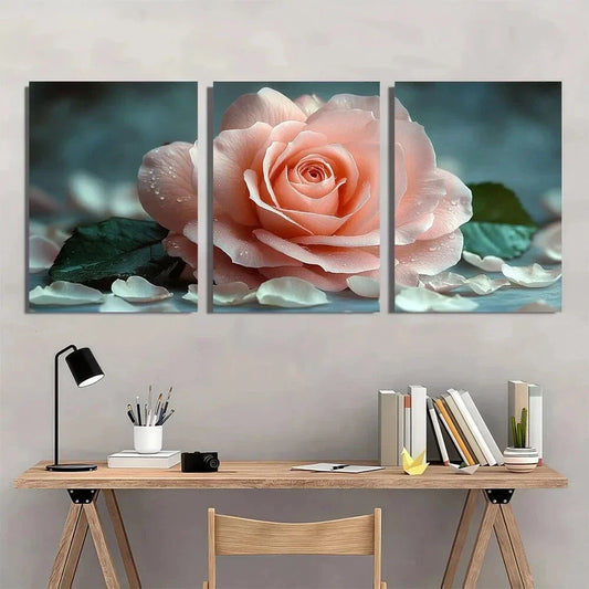 3pcs Pink Roses White Petals and Green Leaf Metal Print Ready to Hang Art