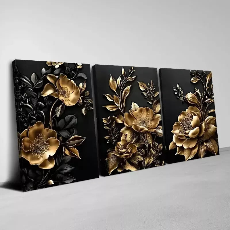 3pcs Beautiful Abstract Golden Flower Wall Art Set Canvas Framed  40x60cm - High Quality Print 100% Australian Made Wall Canvas Ready to Hang