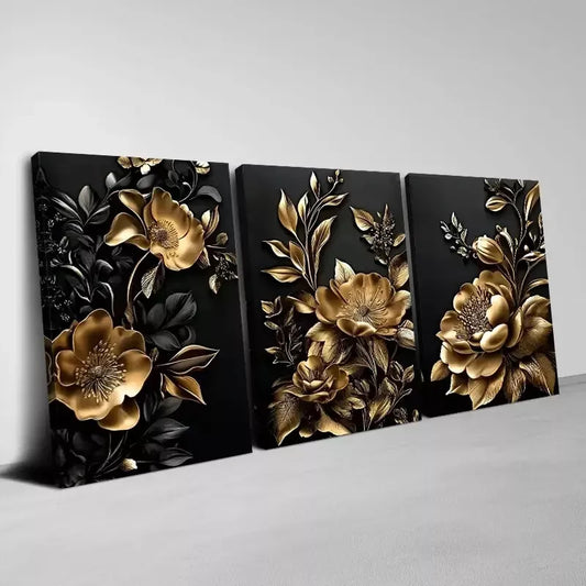 3pcs Beautiful Abstract Golden Flower Wall Art Set Canvas Framed  40x60cm - High Quality Print 100% Australian Made Wall Canvas Ready to Hang