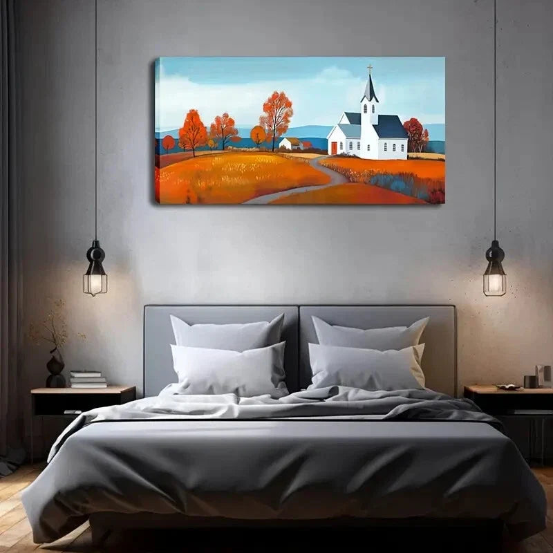 Serene Countryside Church Wall Art Canvas Office Home Room Framed 120x60cm