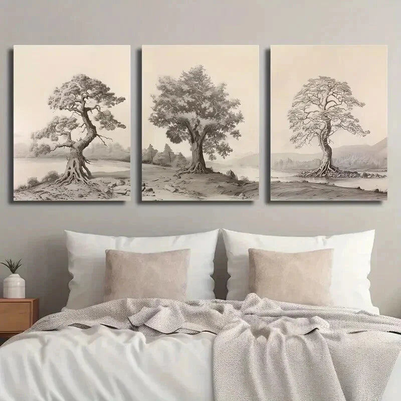3pcs Vintage Forest Mountains Tree Landscape Wall Art Set Canvas Framed 40x60cm - High Quality Print 100% Australian Made Wall Canvas Ready to Hang