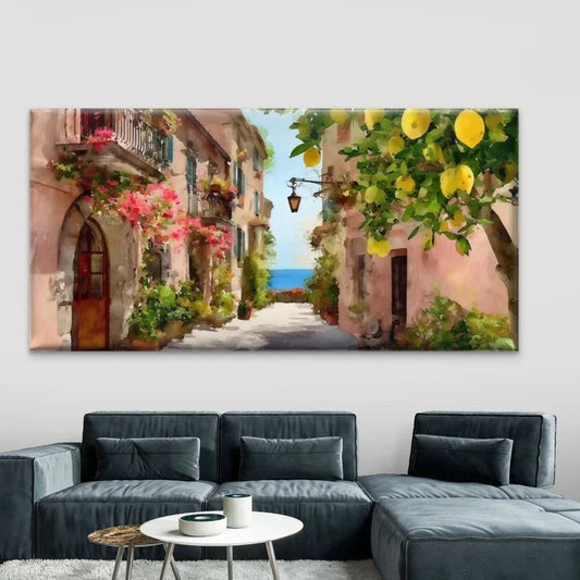 Lemon Tree Mediterranean Street Wall Art Canvas Office Home Room Framed 80x45cm