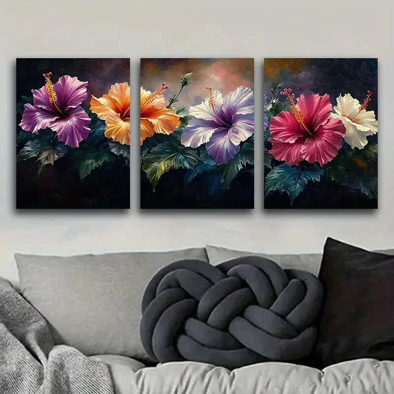 3pcs A colorful hibiscus flower painting Metal Print Ready to Hang Art