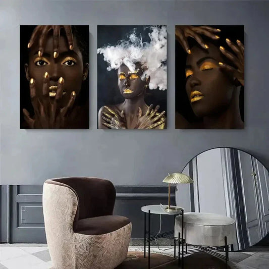3pcs Golden Hand And Smoke Portrait Triptych Metal Print Ready to Hang Art
