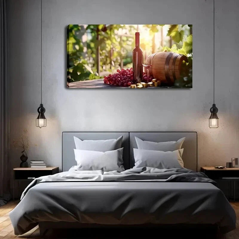 Rich Grapes & Wooden Barrel Wall Art Canvas Office Home Room Framed 120x60cm