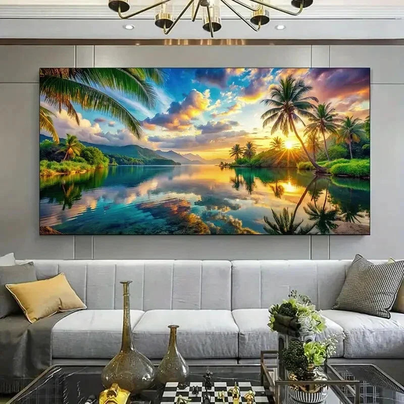 Vibrant Palm Tree & Reflective Wall Art Canvas Office Home Room Framed 120x60cm