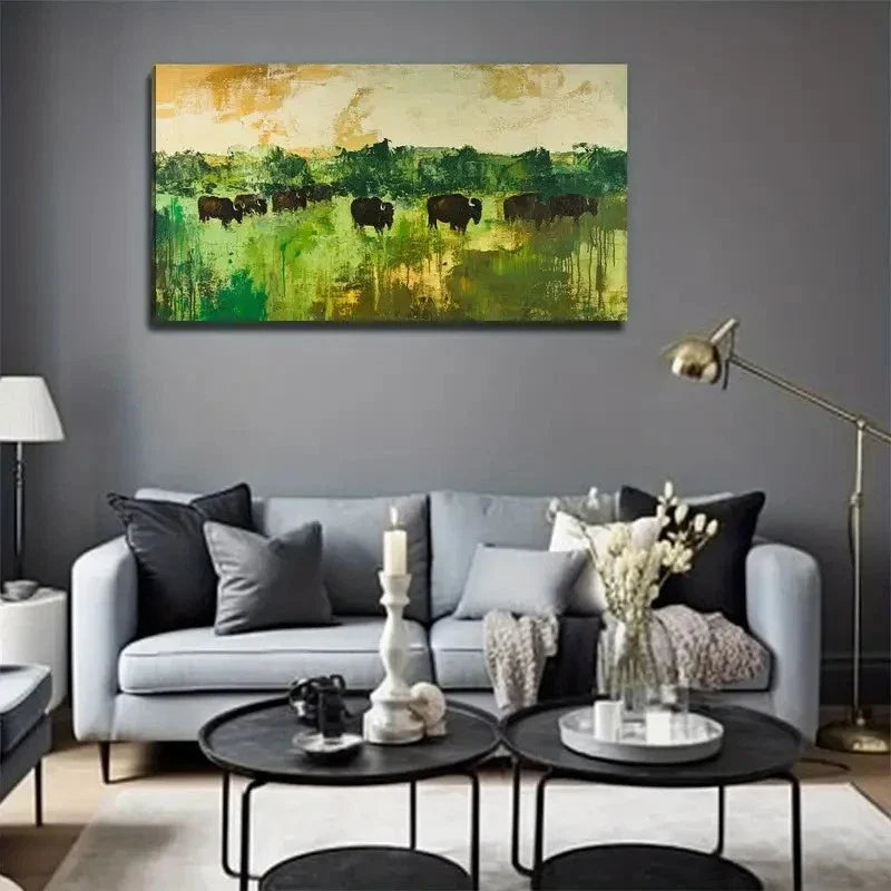 Abstract Grassland Cattle Wall Art Canvas Office Home Room Framed 80x45cm