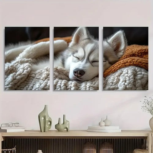 3pcs Vintage Siberian Husky Sleeping on Cozy Metal Print Ready to Hang Art