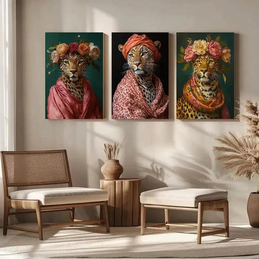 3pcs Tiger Snow Leopard Animal And Floral Metal Print Ready to Hang Art