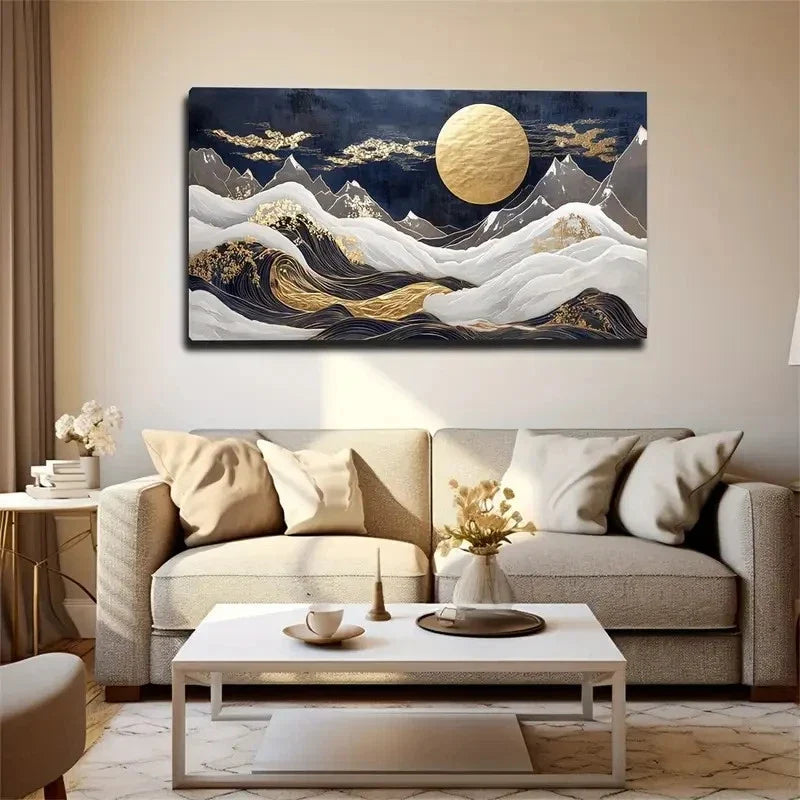 Golden Full Moon Over Mountain Wall Art Canvas Office Home Room Framed 120x60cm