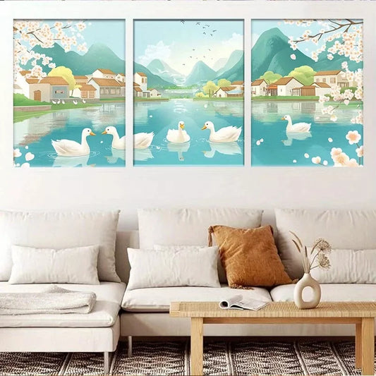 3pcs Serene Ducks on Tranquil River  Wall Wall Art Set Canvas Framed 40x60cm - High Quality Print 100% Australian Made Wall Canvas Ready to Hang